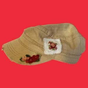 Ladies cap, distressed with floral embroidering, tan